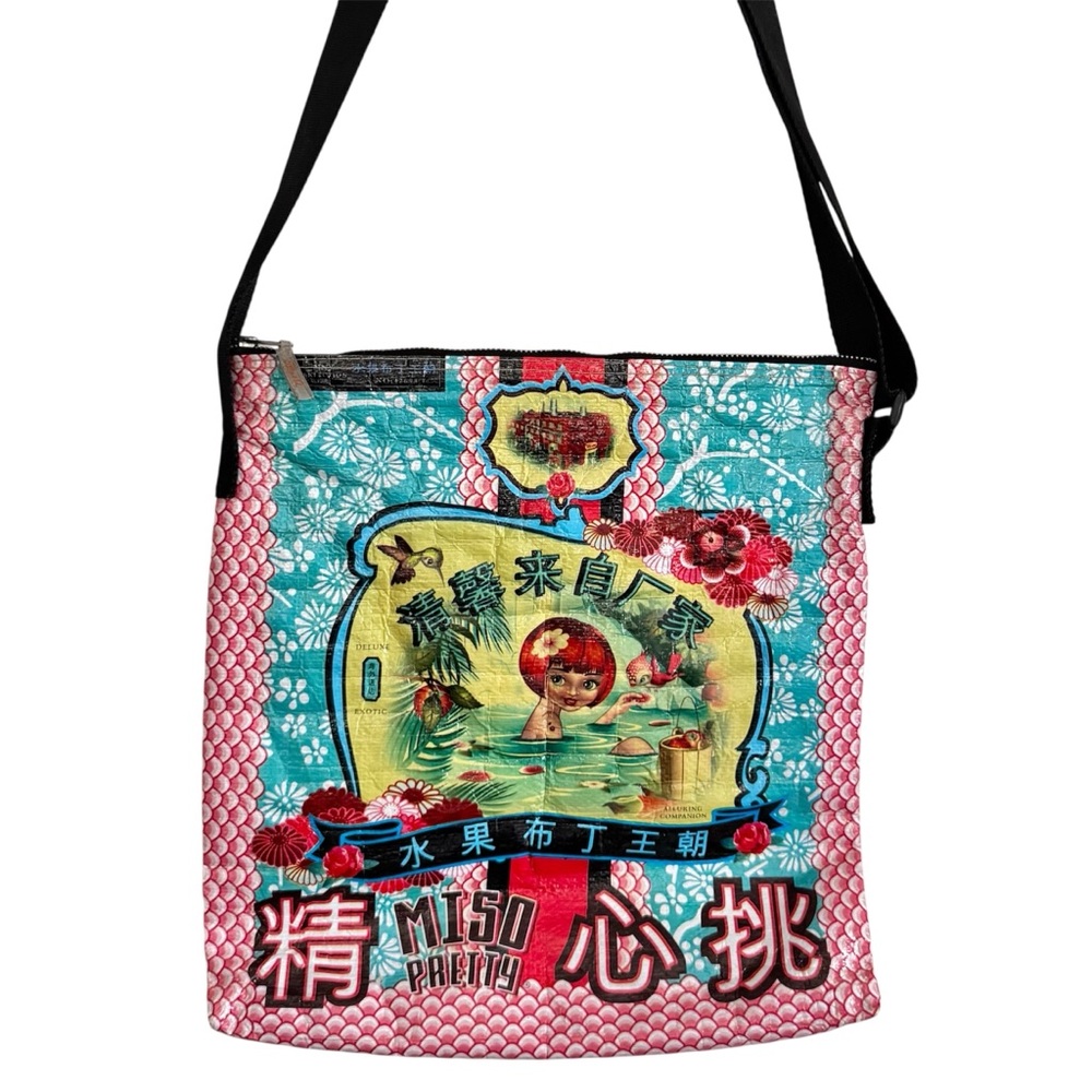 Blue Q Miso Pretty Messenger Tote Bag Zip Close Double Sided Vintage Design